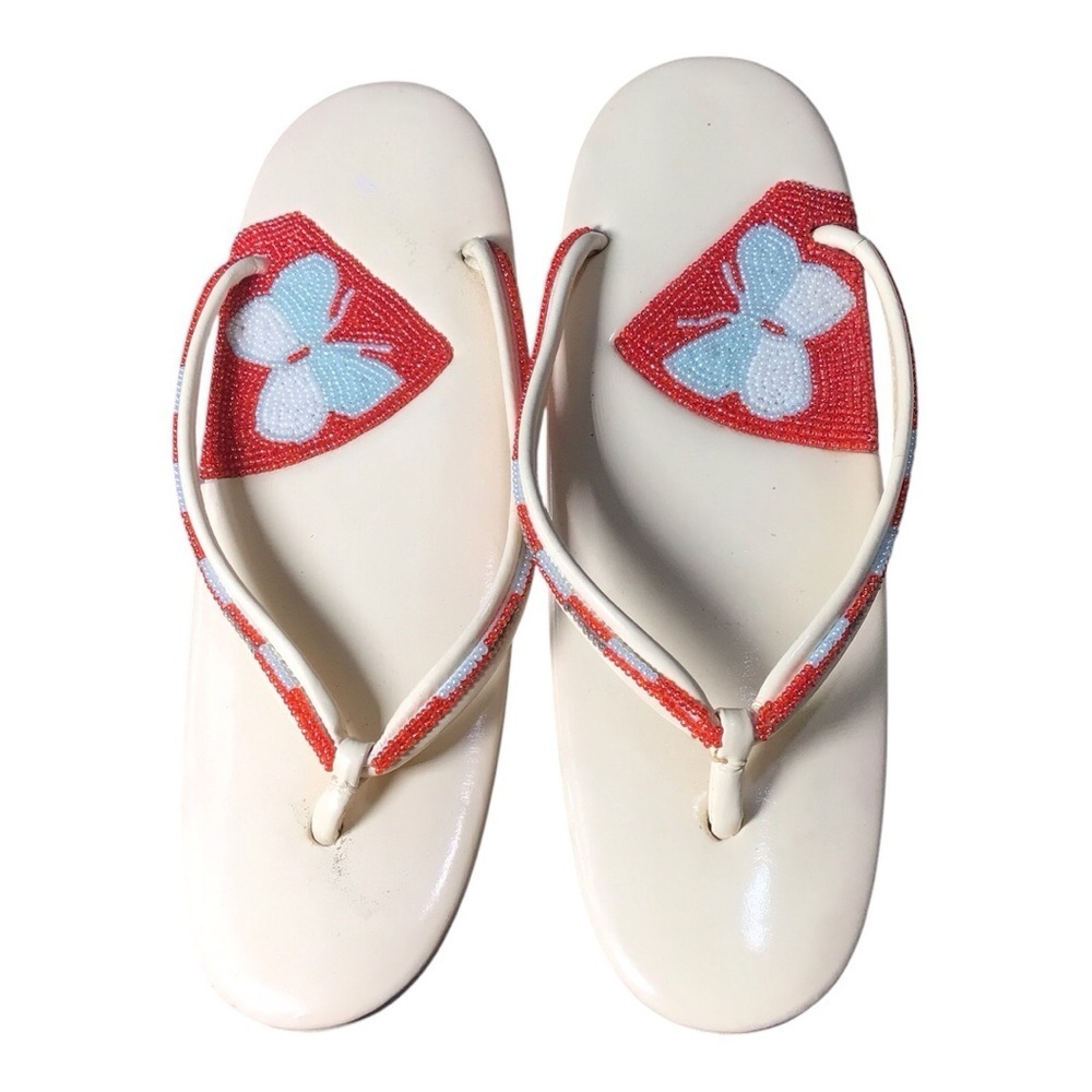 Beaded Cream Flip-Flops with Red Accents size small